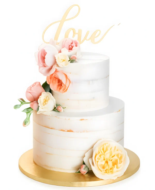 Двухъярусный свадебный торт без мастики с большим желтым цветком Фото