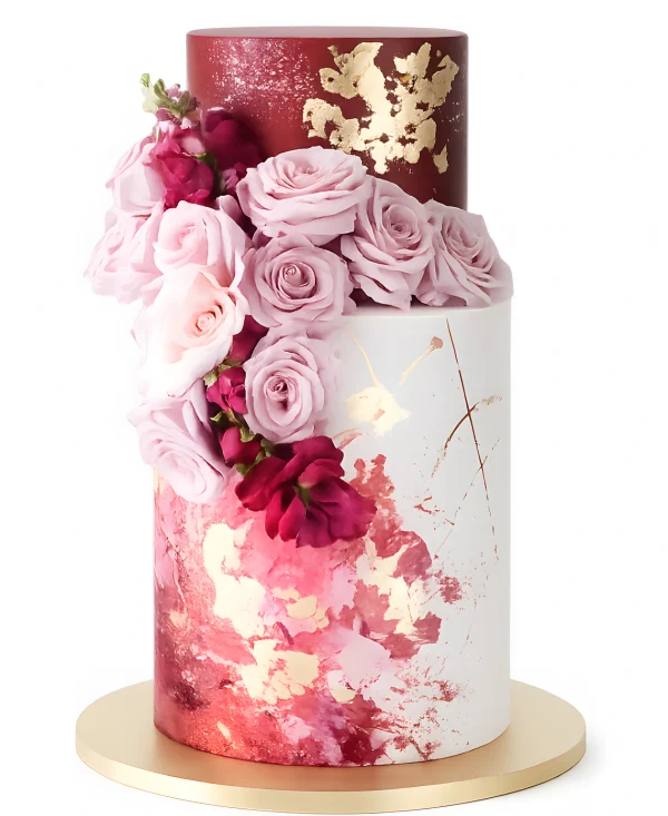 Двухъярусный свадебный торт без мастики с цветами и золотыми узорами Фото