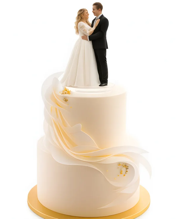 Элегантный свадебный торт с фигурками молодоженов Фото