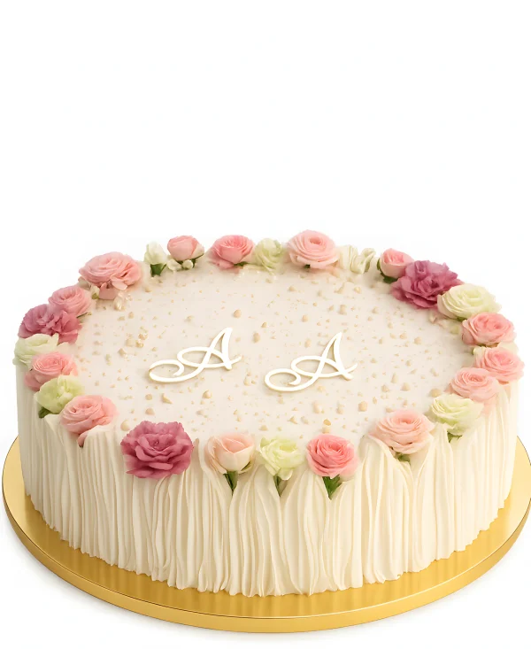 Круглый торт на свадьбу с инициалами и и цветами Фото