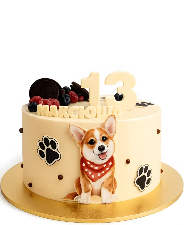 Минималистичный торт с ягодами и собакой на 13 лет Фото