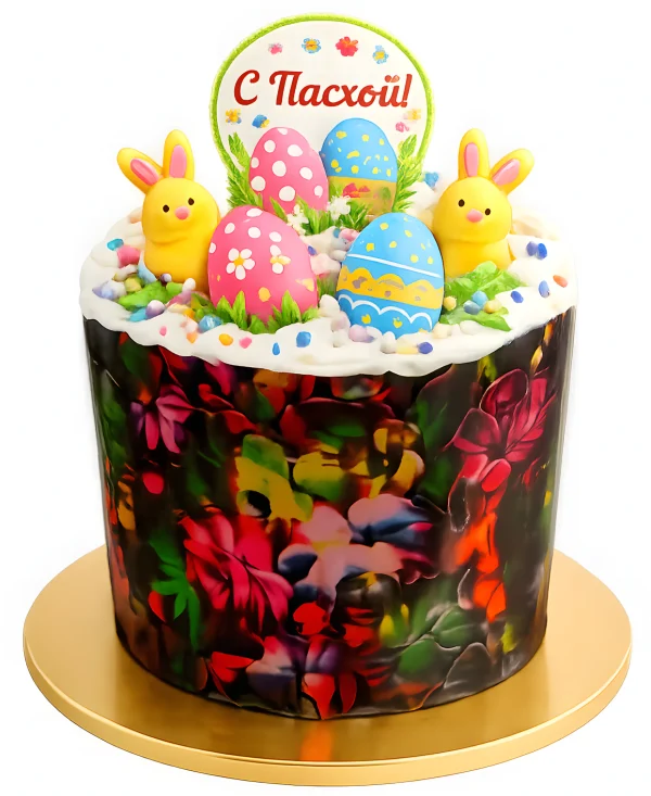 Пасхальный кулич с кремовыми цветочками Фото