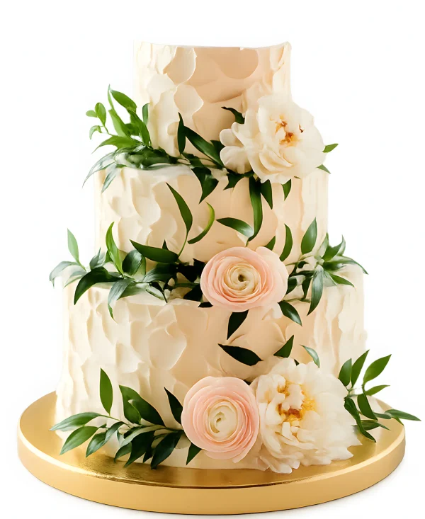 Трехъярусный розовый свадебный торт с живыми цветами Фото