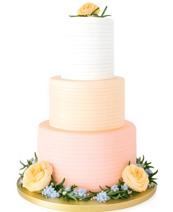 Разноцветный трехъярусный свадебный торт с живыми цветами Фото