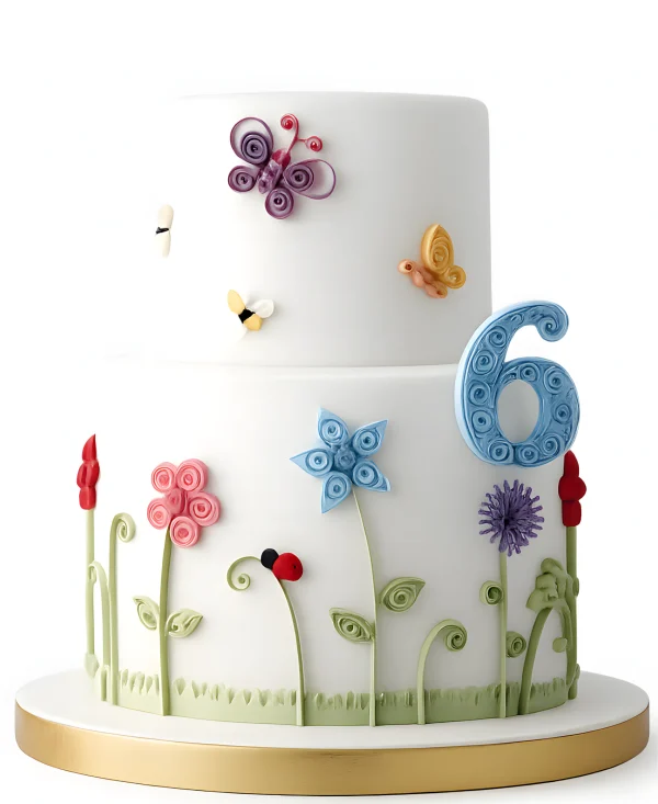 Белый торт с цветами и разноцветными бабочками Фото