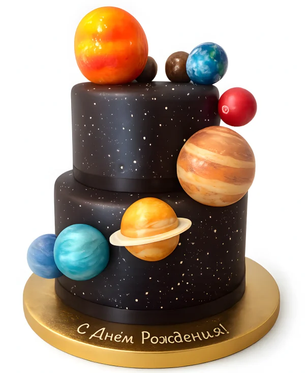 Черный торт с фигурками планет для мальчика Фото