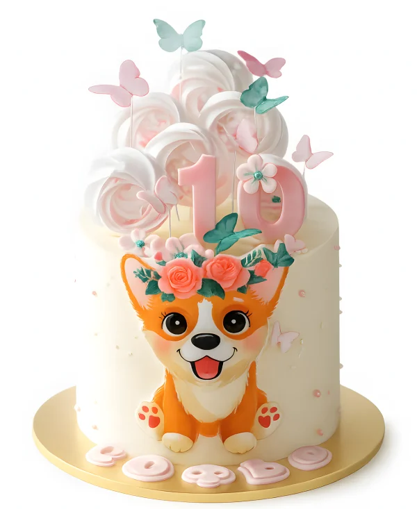 Торт на 10 месяцев с бабочками и корги Фото
