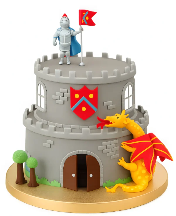 Торт в виде замка с рыцарем и драконом Фото
