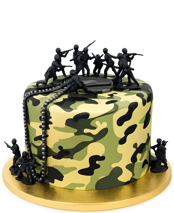 Торт с армейским жетоном и фигурками солдат Фото