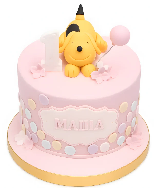 Нежно-розовый торт с фигуркой щенка и шариком Фото