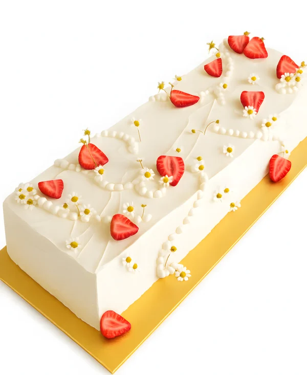 Трендовый свадебный торт с ромашками и клубникой Фото