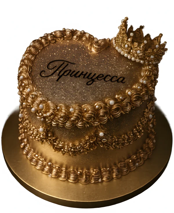 Золотой торт в форме сердца с короной и блестками Фото