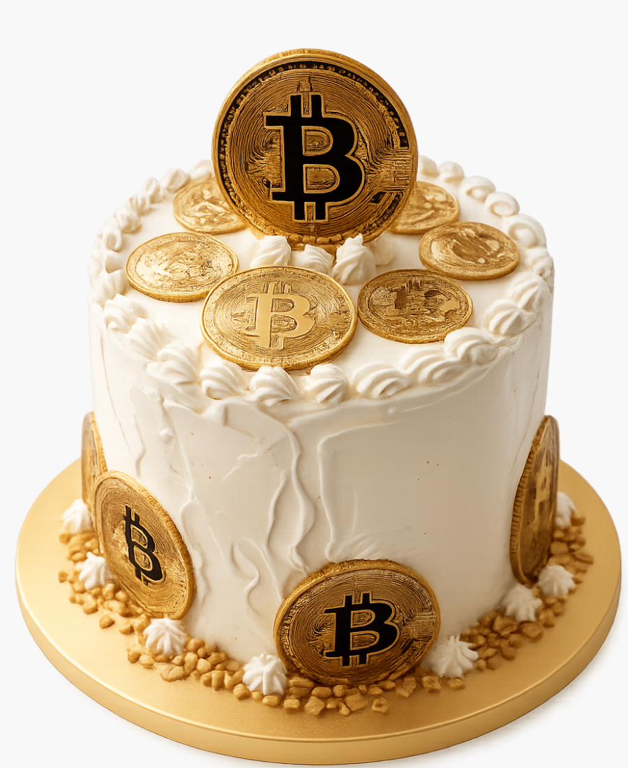 Белый кремовый торт с биткоинами Фото