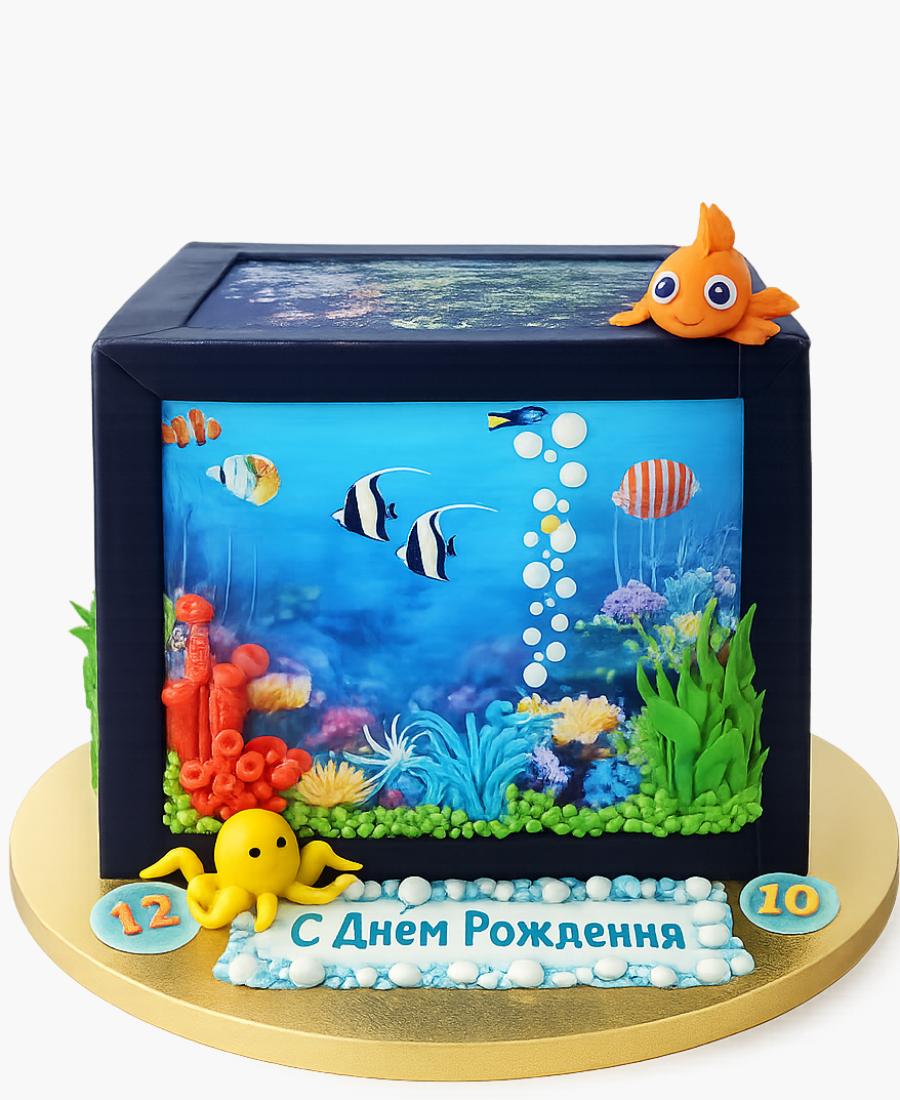 Торт на день рождения в форме аквариума Фото